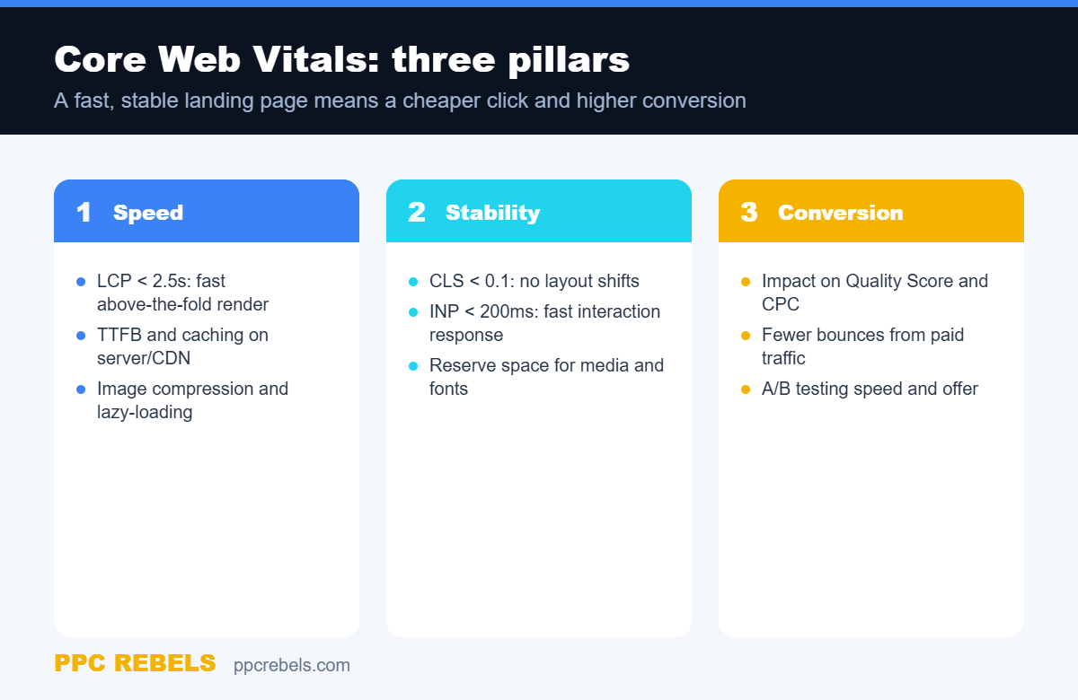 Three pillars of Core Web Vitals: speed, stability, conversion