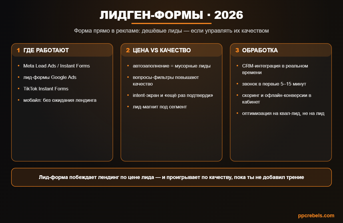 Инфографика: нативные лидген-формы 2026 — площадки, баланс цены и качества лидов, обработка и скоринг