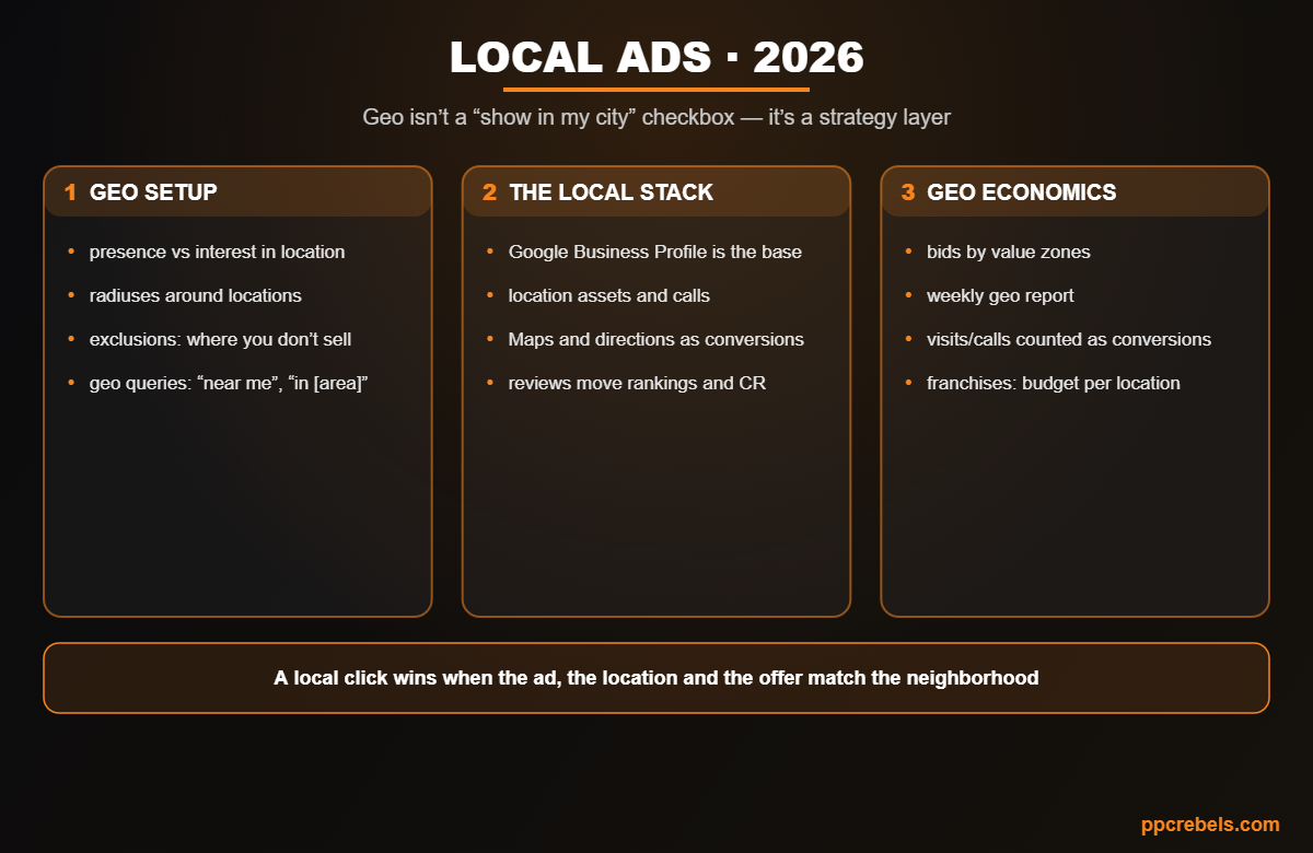 Infographic: geo and local advertising 2026 — geotargeting setup, the local stack and zone economics