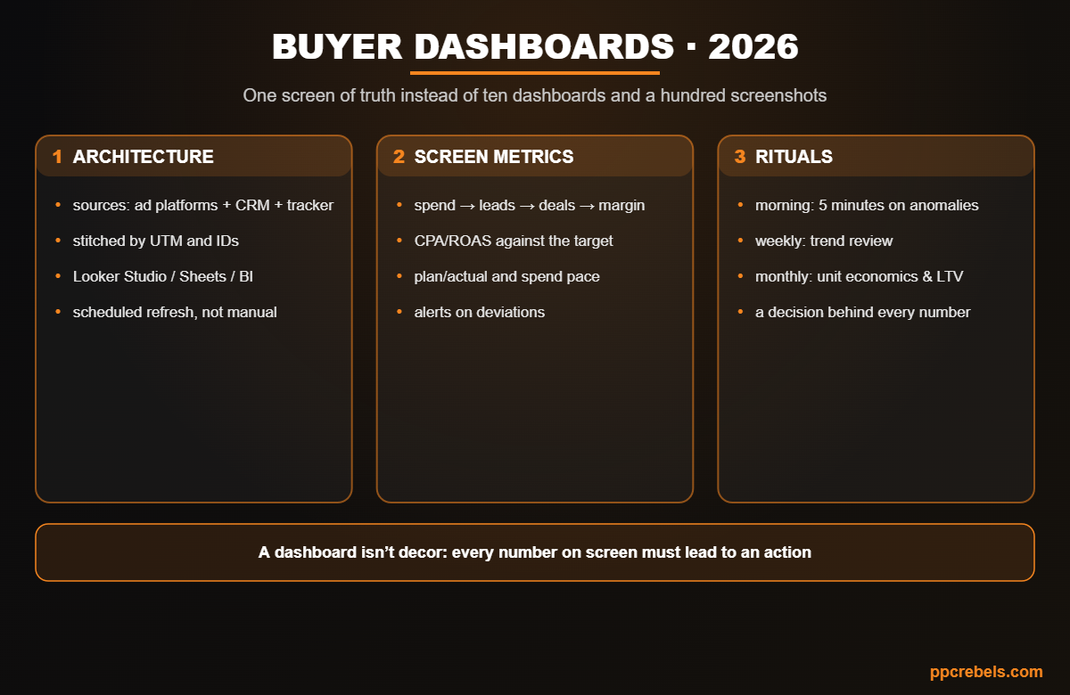 Infographic: media buyer dashboards and reporting 2026 — data architecture, screen metrics and rituals