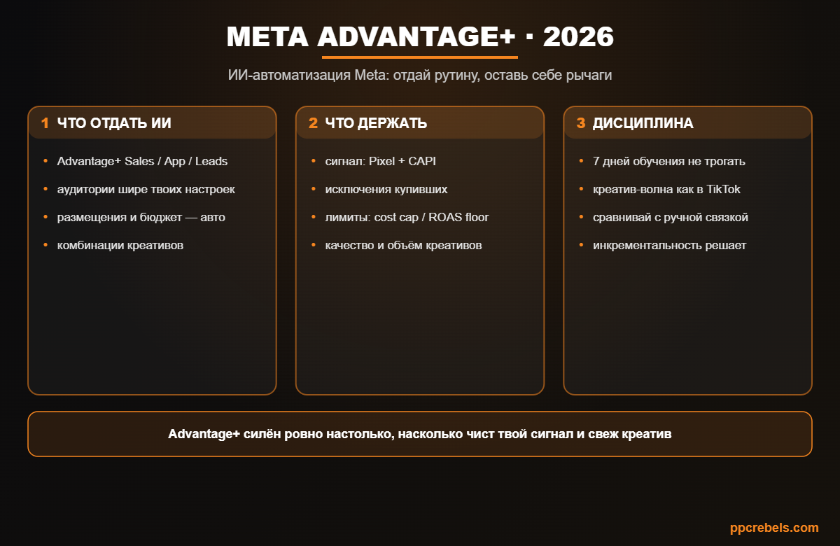 Инфографика: Meta Advantage+ 2026 — что отдать автоматизации, что держать под контролем и дисциплина запуска