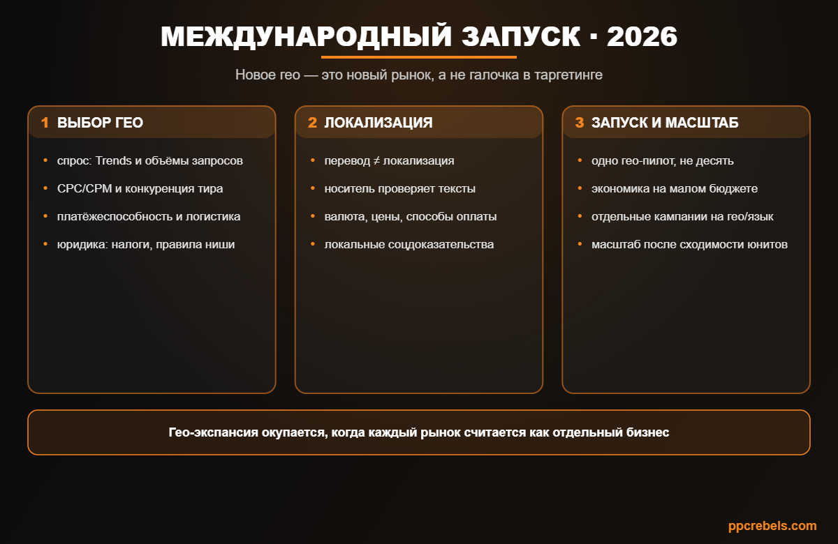 Инфографика: международный запуск кампаний 2026 — выбор гео, локализация и поэтапный масштаб