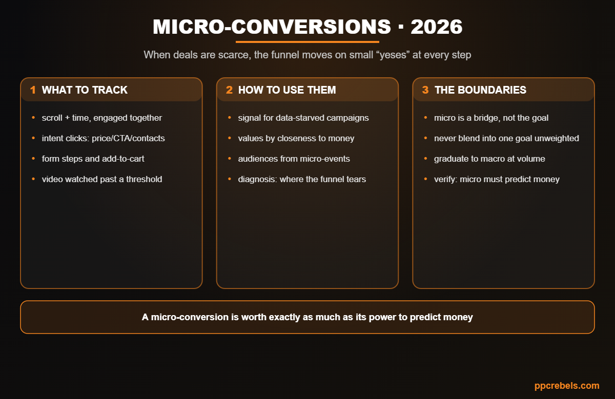 Infographic: micro-conversions and funnel optimization 2026 — which events to track, how to use them and the boundaries