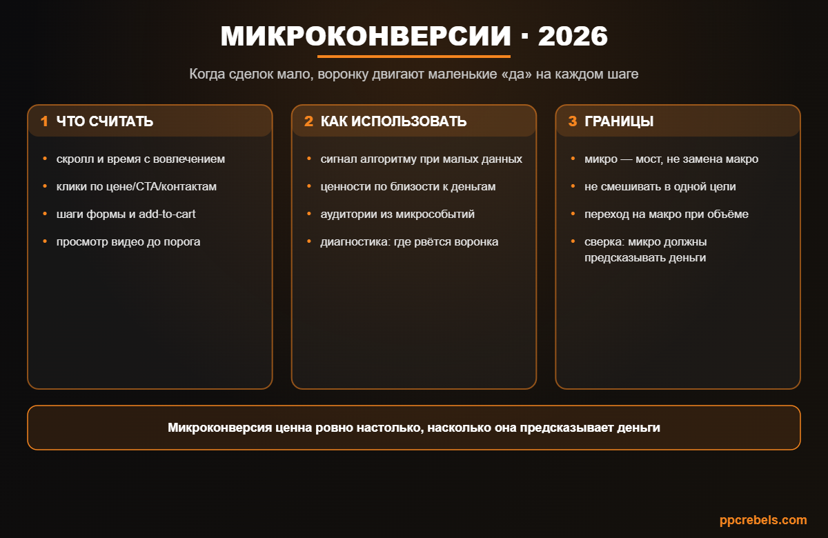 Инфографика: микроконверсии и оптимизация воронки 2026 — какие события считать, как использовать и где границы