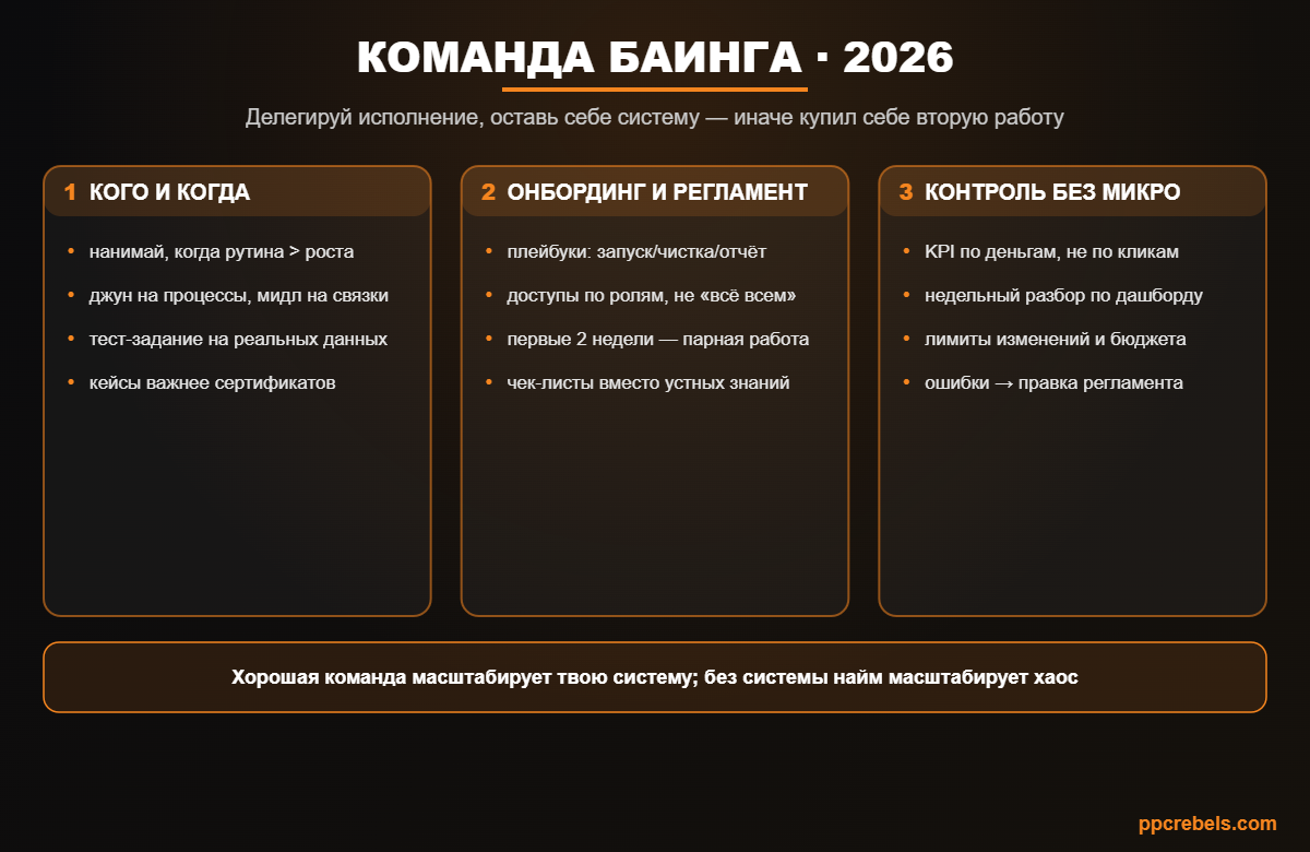 Инфографика: найм и делегирование баинга 2026 — кого нанимать, онбординг по регламентам и контроль без микроменеджмента
