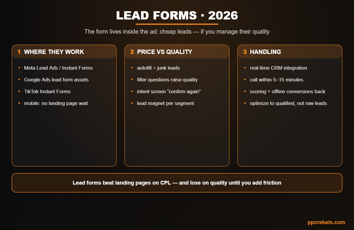 Infographic: native lead forms 2026 — platforms, the price-quality balance, handling and scoring