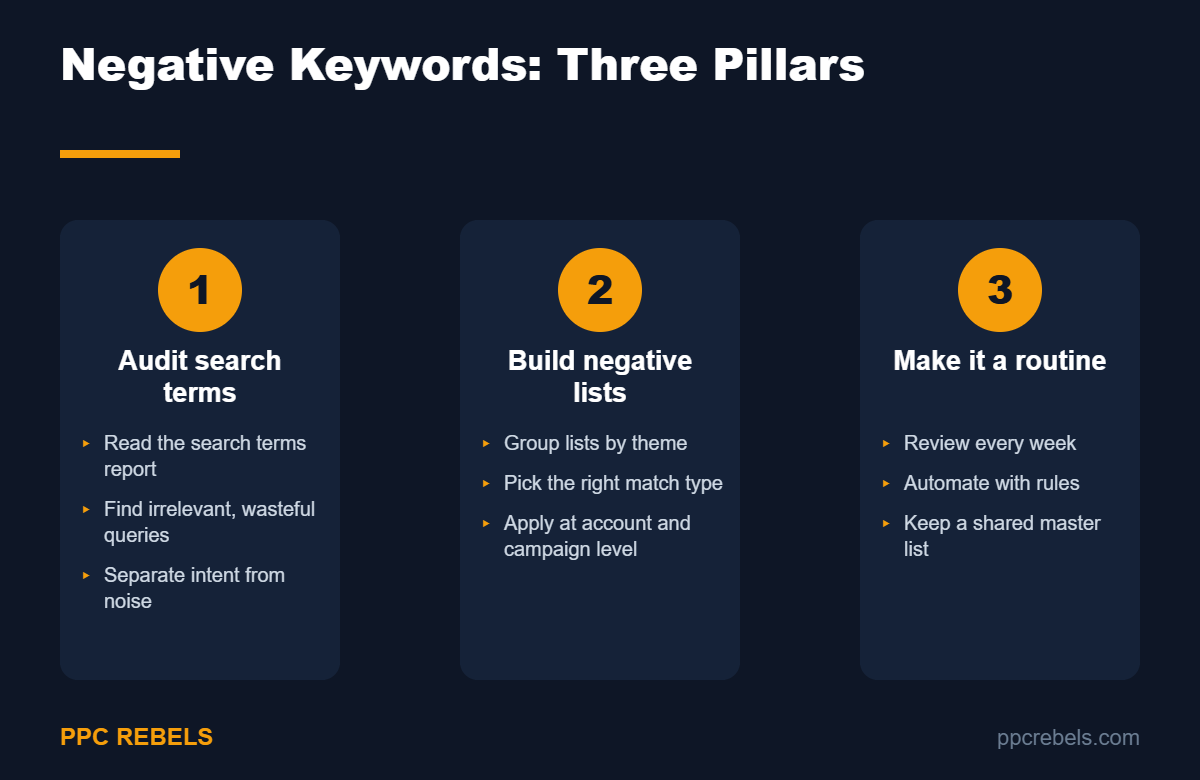 Three pillars of negative keyword management: audit search terms, build negative lists, make it a routine