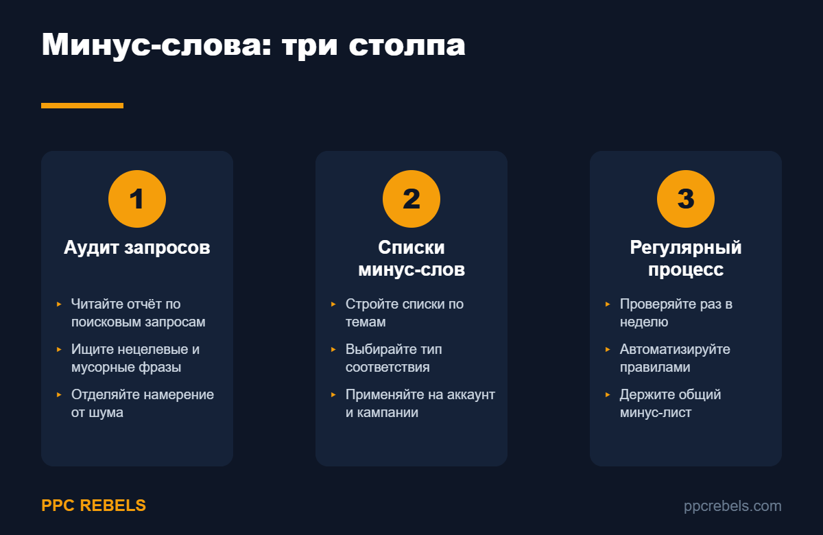 Три столпа работы с минус-словами: аудит запросов, списки минус-слов, регулярный процесс