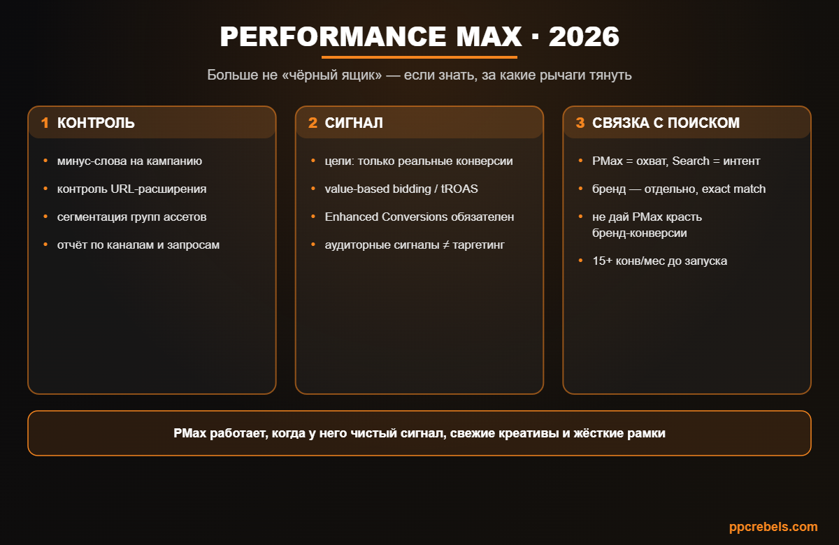 Инфографика: Performance Max 2026 — контроль кампании, чистый конверсионный сигнал и связка с поисковыми кампаниями