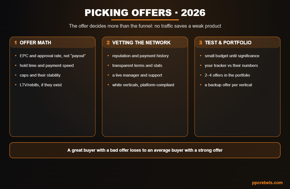Infographic: picking affiliate offers and networks 2026 — offer math, network vetting and the portfolio
