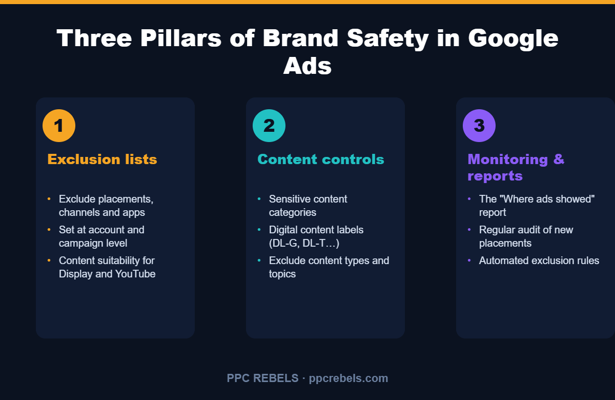 Three pillars of brand safety in Google Ads: exclusion lists, content controls, monitoring