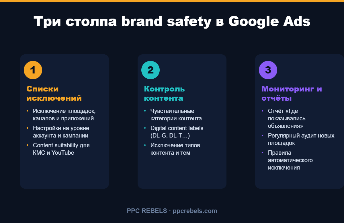Три столпа brand safety в Google Ads: списки исключений, контроль контента, мониторинг
