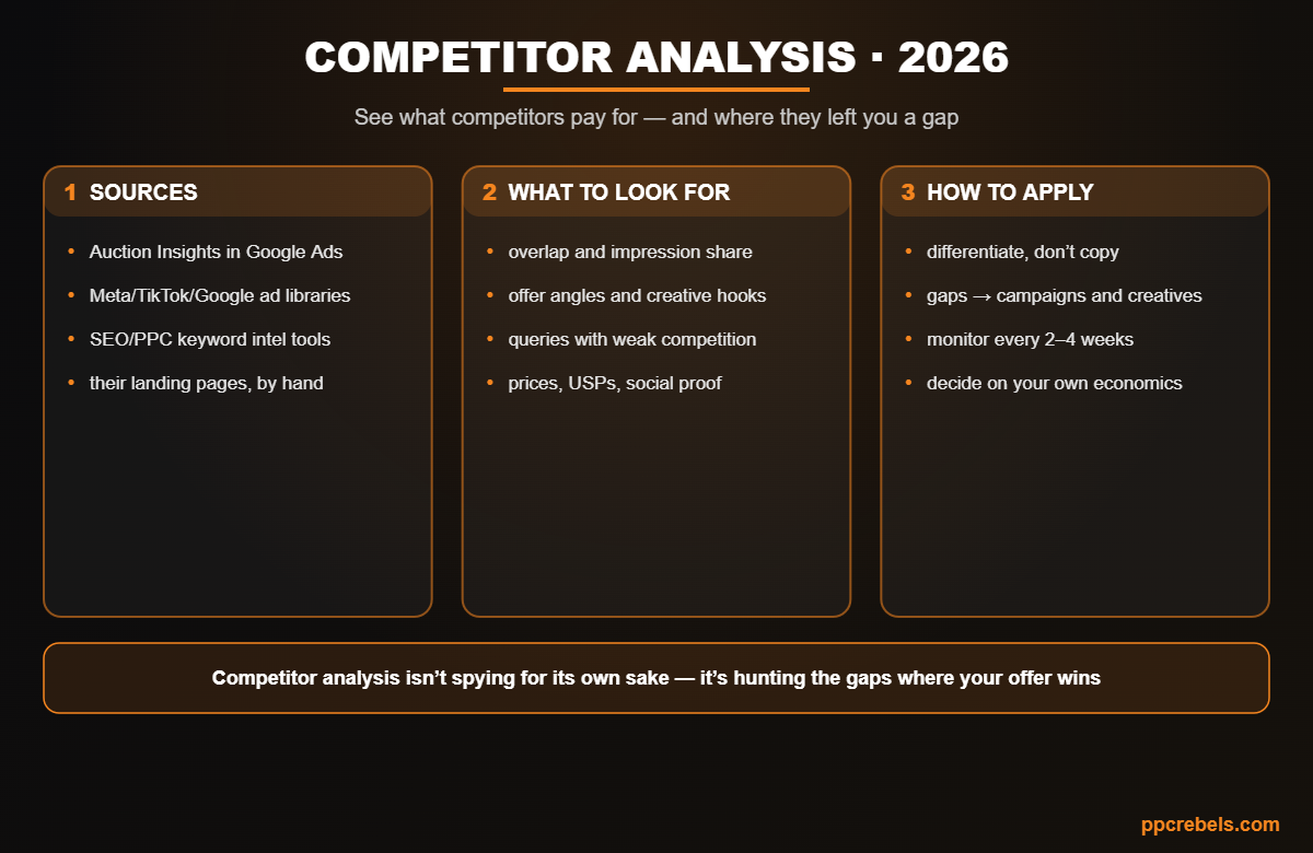 Infographic: PPC competitor analysis 2026 — Auction Insights, ad libraries and gap hunting