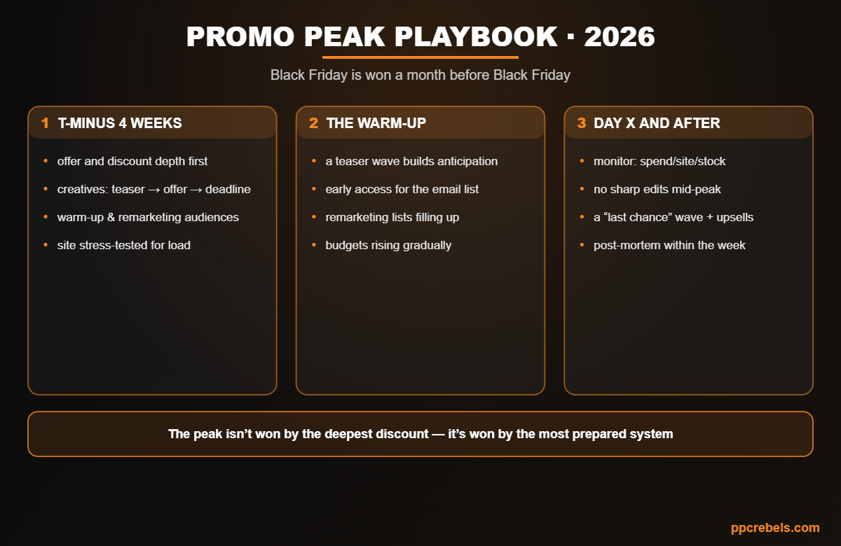 Infographic: promo peak and Black Friday preparation 2026 — the 4-week plan, warm-up and day X
