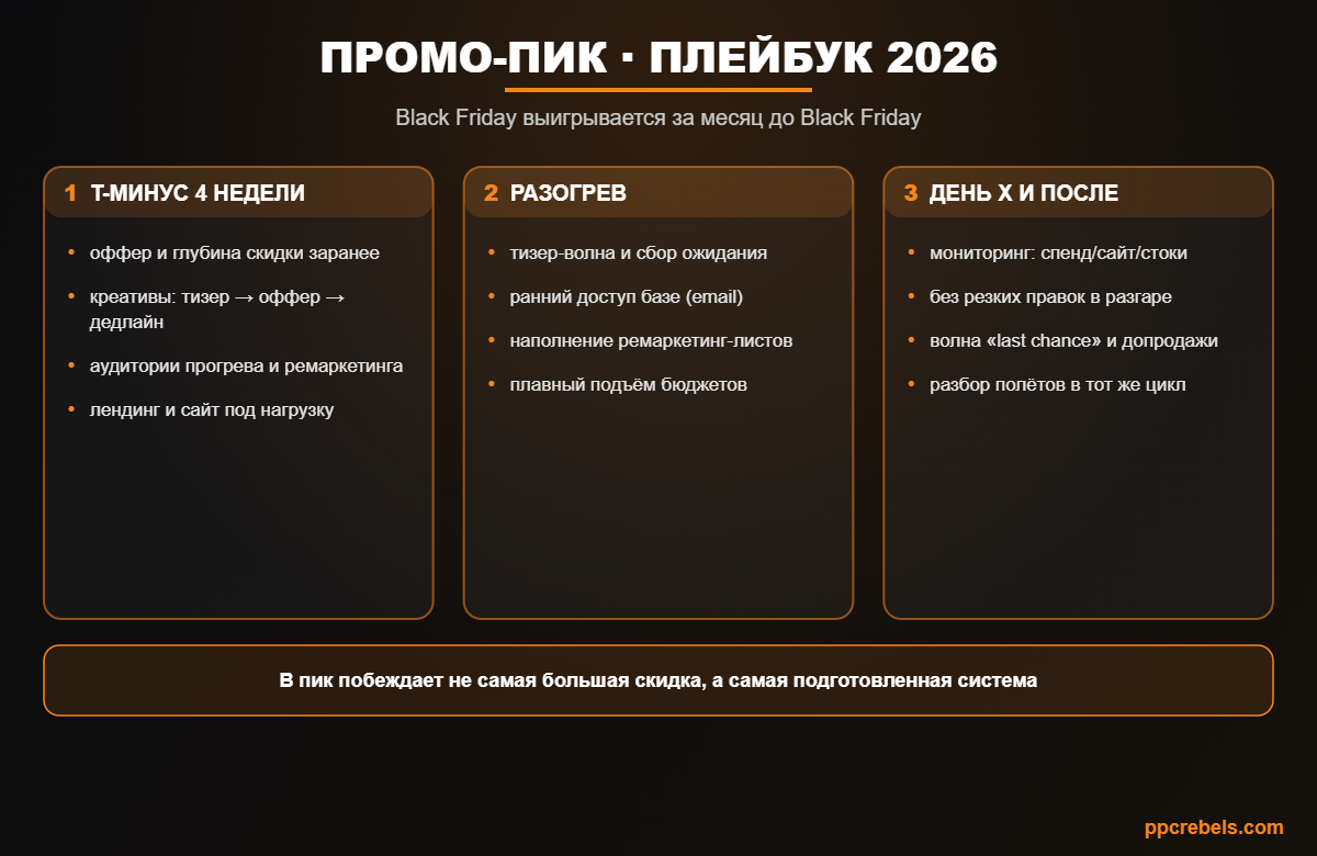 Инфографика: подготовка к промо-пикам и Black Friday 2026 — план за 4 недели, разогрев и день X
