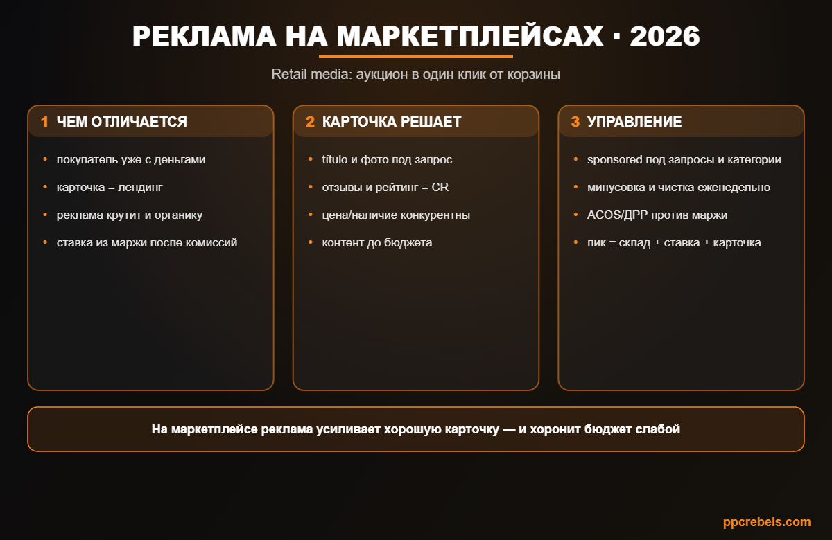 Инфографика: реклама на маркетплейсах 2026 — отличия retail media, карточка как лендинг и управление ставками