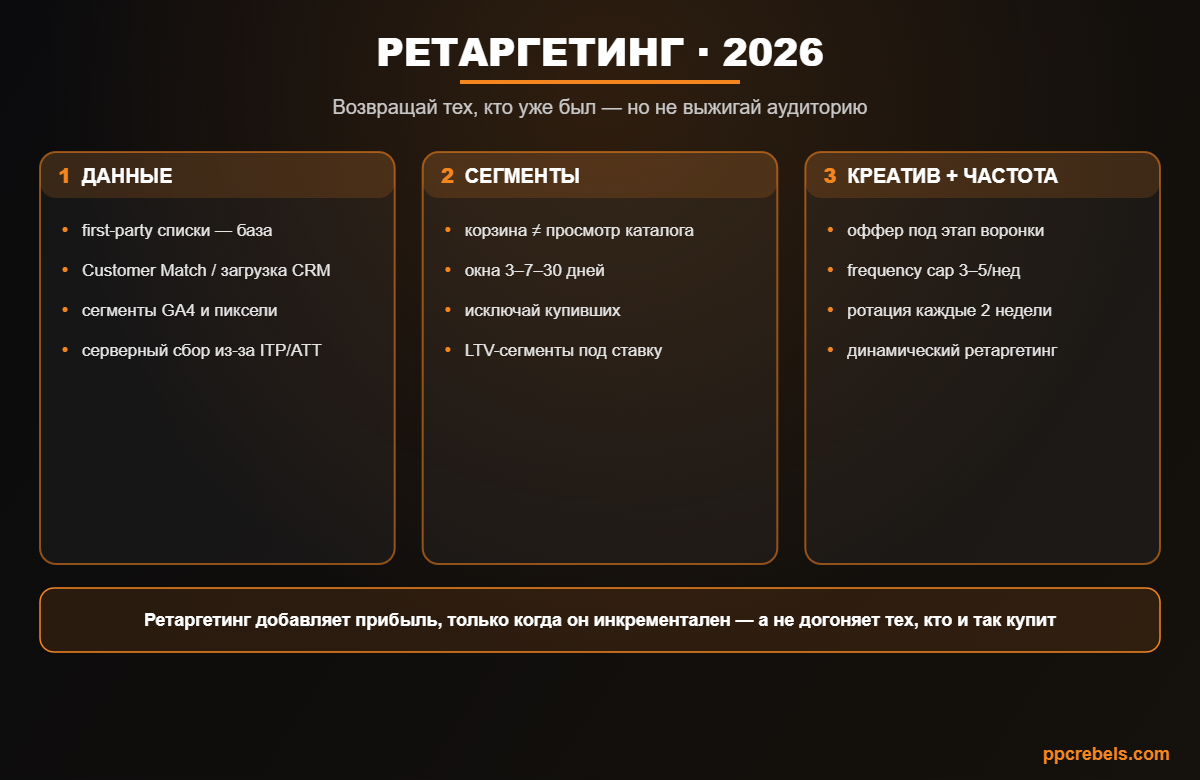 Инфографика: ретаргетинг 2026 — first-party данные, сегментация аудиторий и контроль частоты