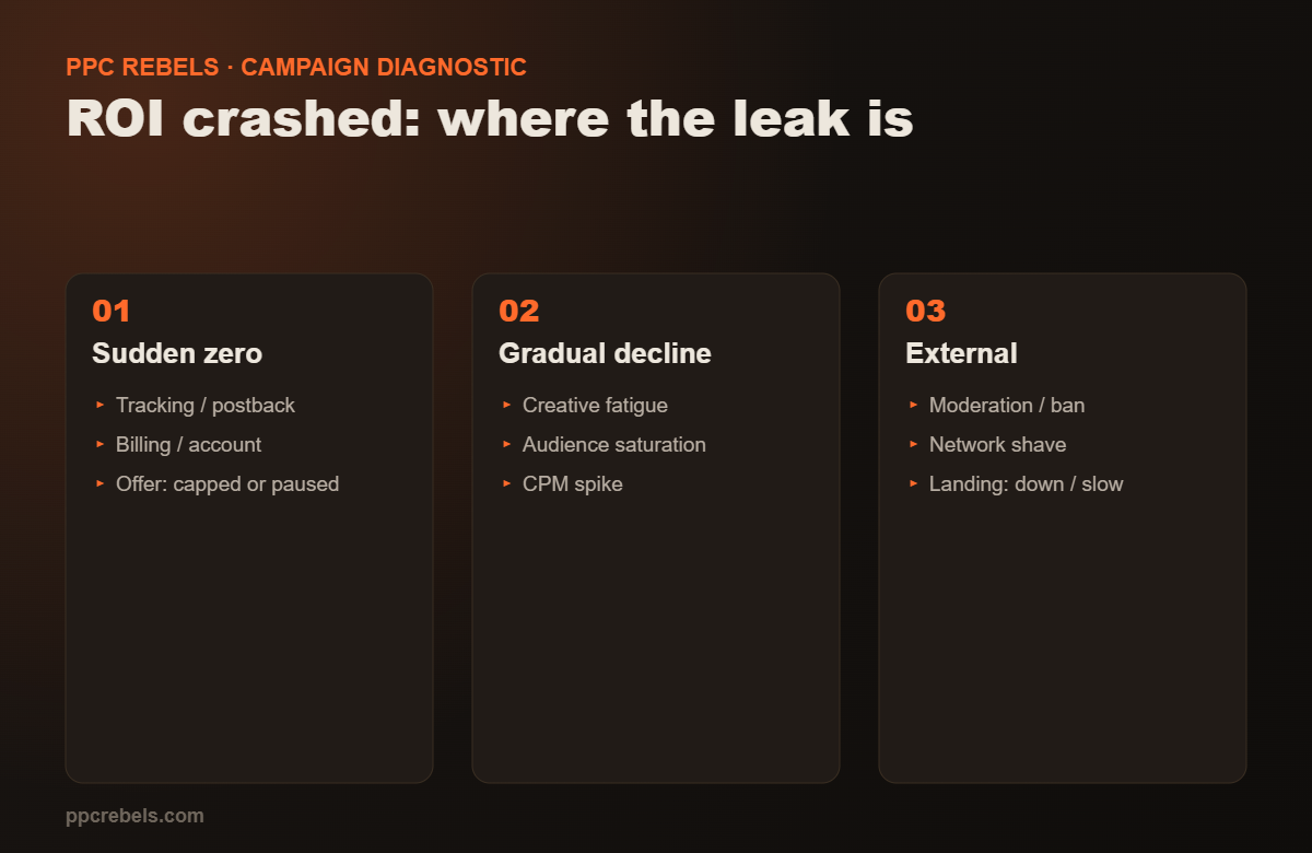ROI crash diagnostic for media buyers: where the leak is