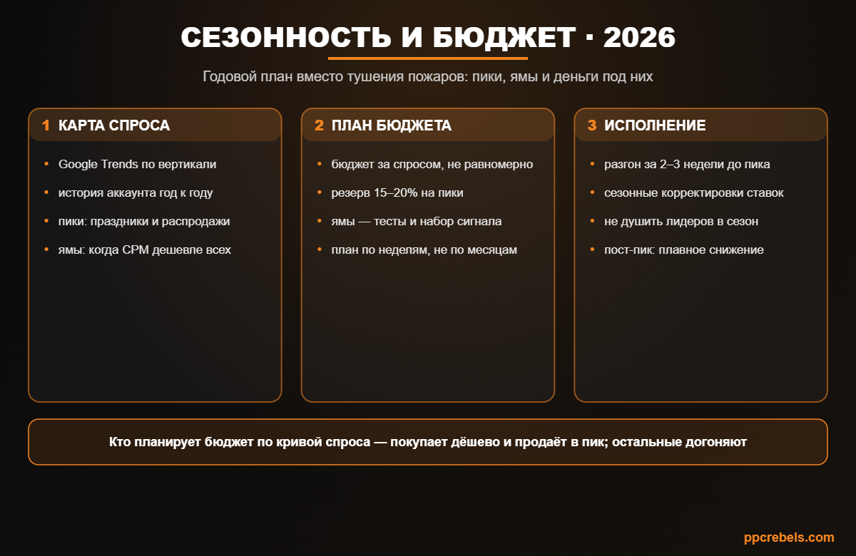 Инфографика: сезонность и планирование бюджета 2026 — карта спроса, распределение денег и исполнение
