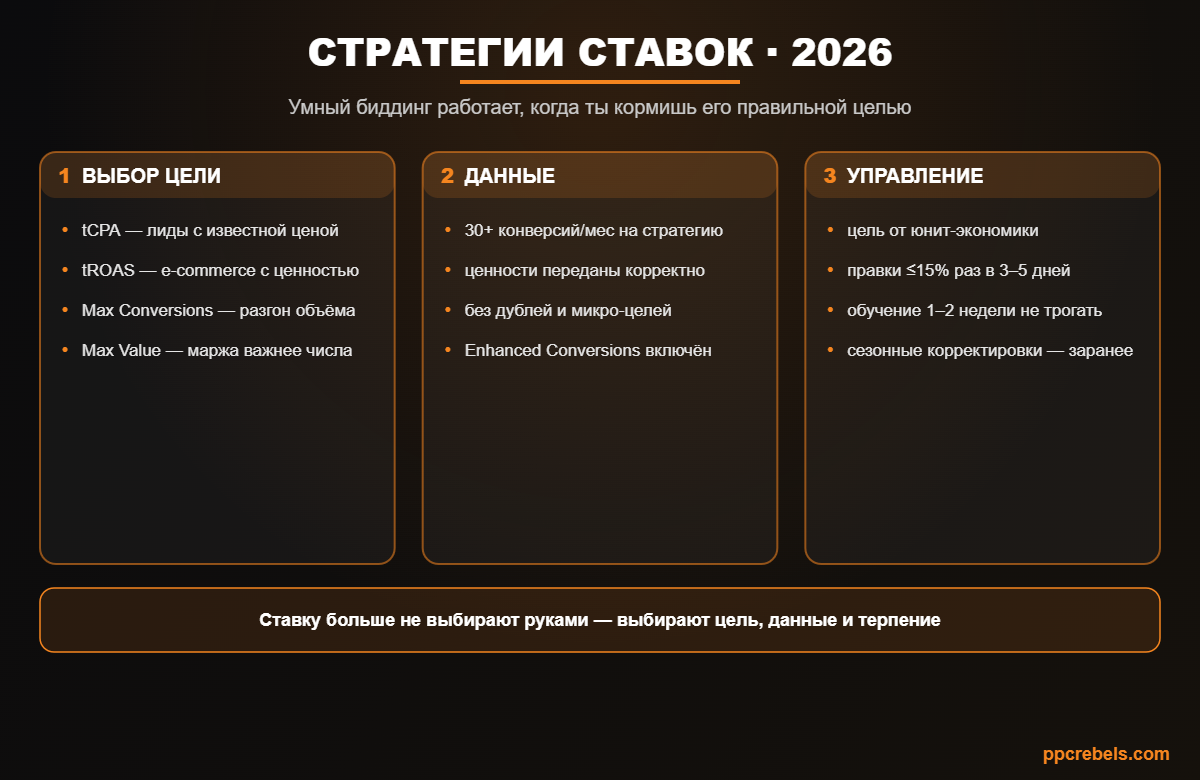 Инфографика: стратегии ставок Google Ads 2026 — tCPA, tROAS, Max Conversions и правила управления