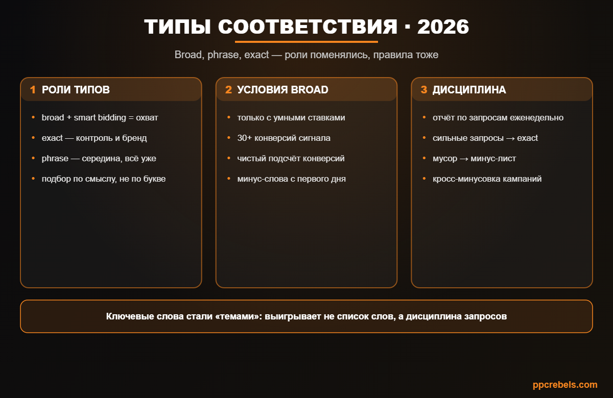 Инфографика: типы соответствия ключевых слов Google Ads 2026 — роли broad, phrase и exact и дисциплина запросов