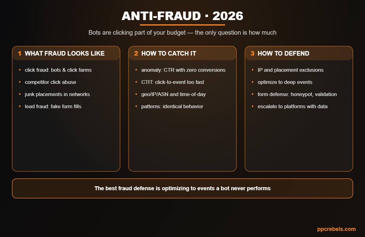 Infographic: traffic anti-fraud 2026 — fraud types, detection signals and budget defense