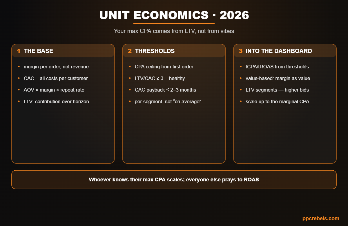 Infographic: media buying unit economics and LTV 2026 — calculating max CPA and moving thresholds into the dashboard