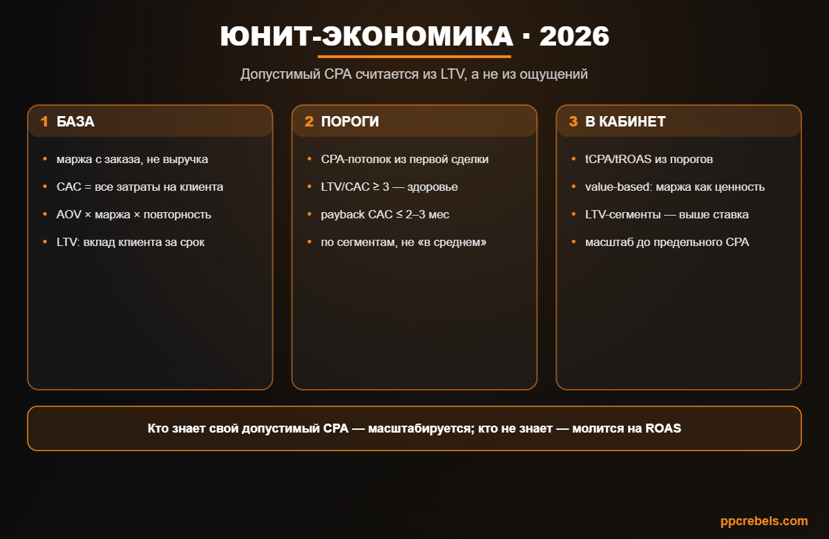 Инфографика: юнит-экономика и LTV медиабайинга 2026 — расчёт допустимого CPA и перенос порогов в кабинет