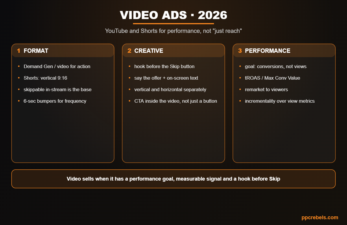 Infographic: YouTube and Shorts video ads for performance 2026 — formats, creative and conversion goals