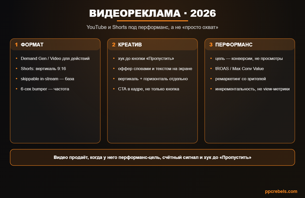 Инфографика: видеореклама YouTube и Shorts под перформанс 2026 — форматы, креатив и цели на конверсии