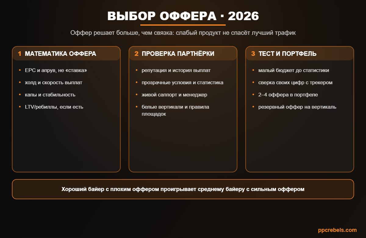Инфографика: выбор офферов и партнёрских программ 2026 — математика оффера, проверка партнёрки и портфель