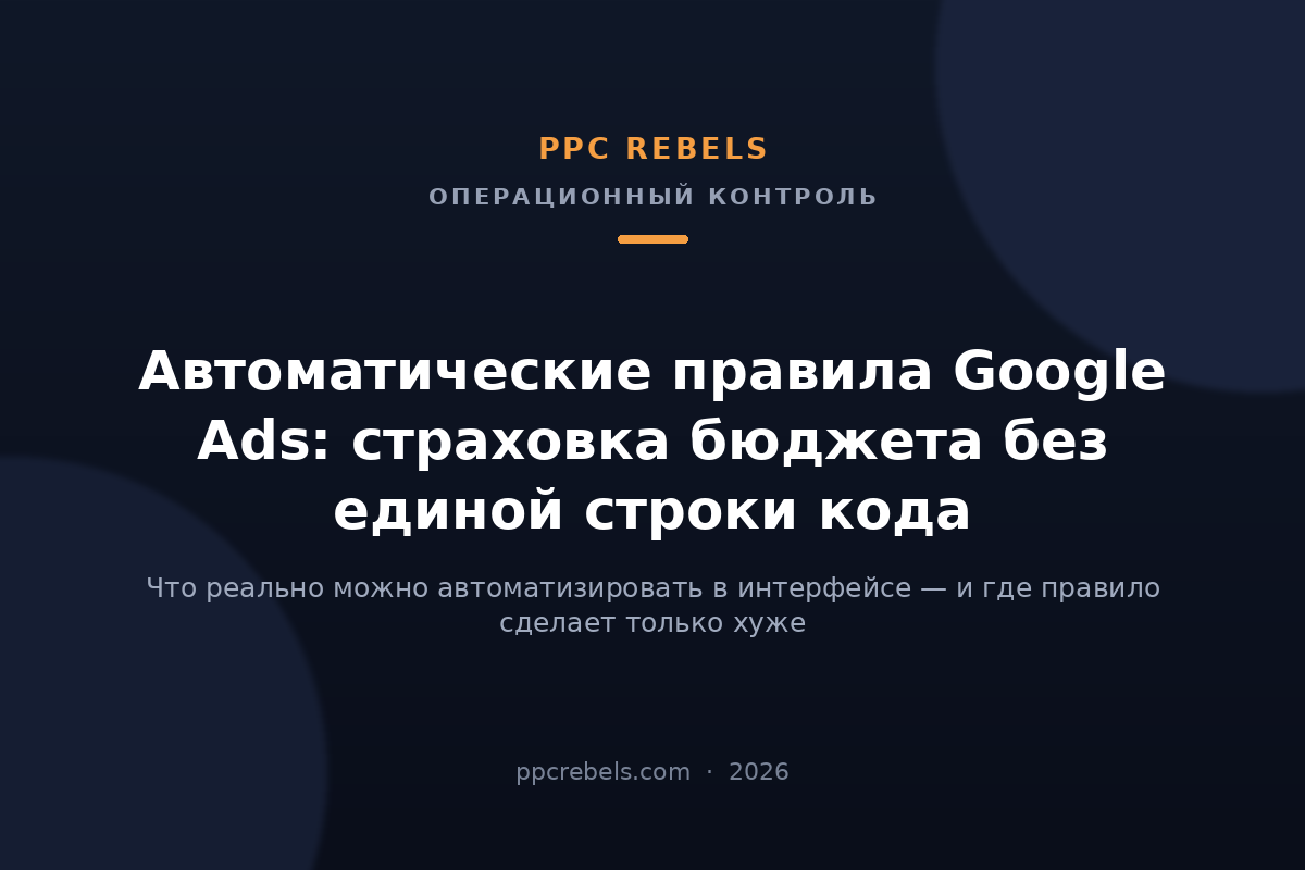 Обложка статьи PPC Rebels 2026 об автоматических правилах Google Ads и контроле бюджета