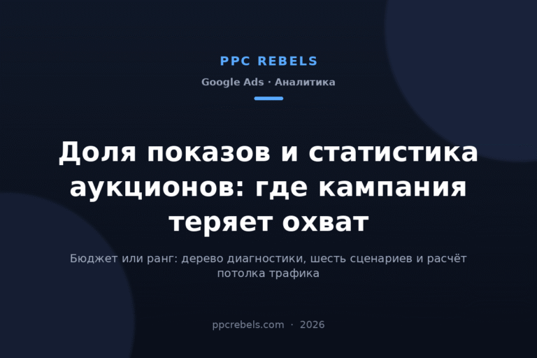 Обложка статьи PPC Rebels про долю показов и статистику аукционов в Google Ads в 2026 году