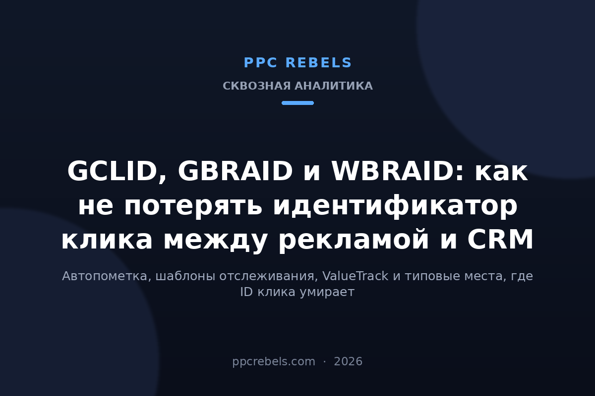 Обложка статьи PPC Rebels 2026: GCLID, GBRAID и WBRAID — идентификатор клика Google Ads
