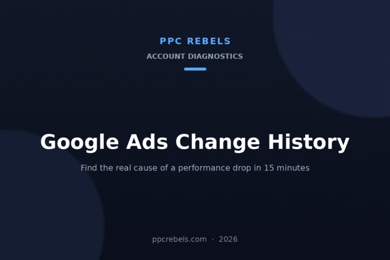 PPC Rebels article cover: Google Ads change history and performance drop diagnosis in 2026