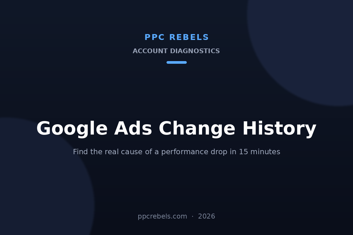 PPC Rebels article cover: Google Ads change history and performance drop diagnosis in 2026