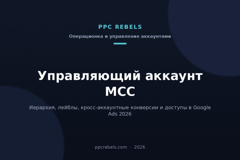 Обложка статьи PPC Rebels: управляющий аккаунт Google Ads MCC, иерархия и кросс-аккаунтные конверсии в 2026