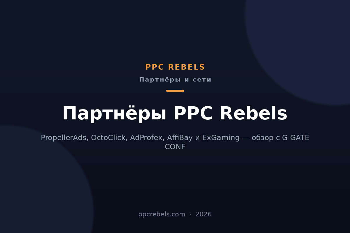 Обложка статьи PPC Rebels о партнёрах: рекламные сети PropellerAds, OctoClick, AdProfex и CPA-сети AffiBay и ExGaming, 2026