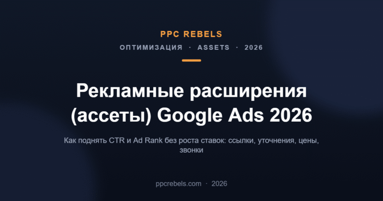 Обложка статьи PPC Rebels: рекламные расширения (ассеты) в Google Ads 2026