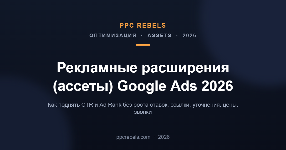 Обложка статьи PPC Rebels: рекламные расширения (ассеты) в Google Ads 2026