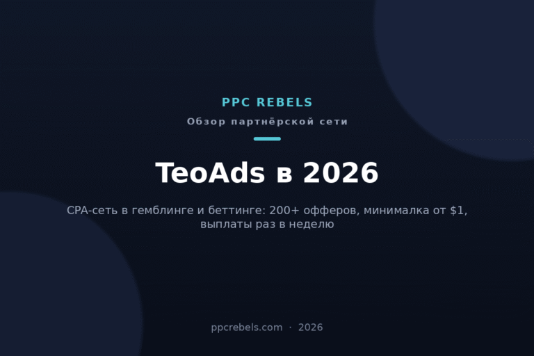 Обложка обзора CPA-сети TeoAds 2026 от PPC Rebels: 200+ офферов в гемблинге и беттинге, минималка от $1