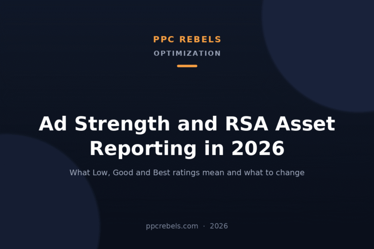 PPC Rebels 2026 cover for the guide to Ad Strength and RSA asset performance reporting in Google Ads
