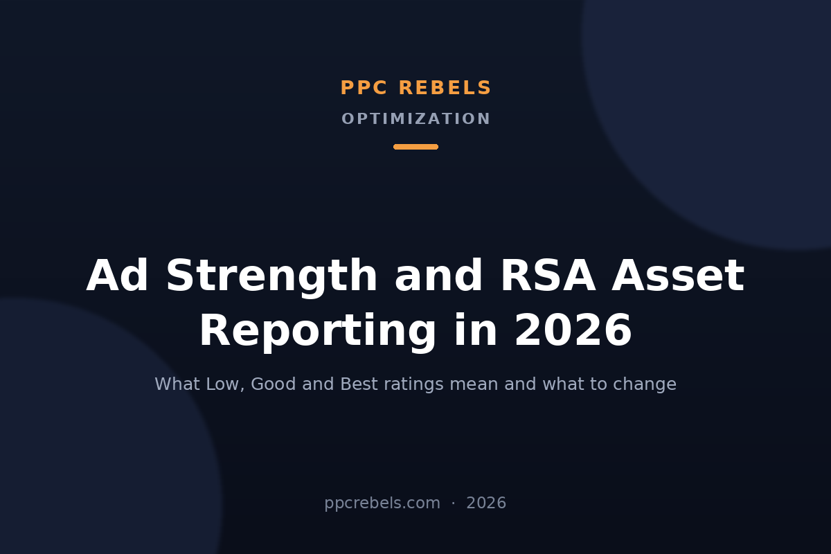 PPC Rebels 2026 cover for the guide to Ad Strength and RSA asset performance reporting in Google Ads