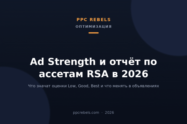 Обложка статьи PPC Rebels 2026 про Ad Strength и отчёт по эффективности ассетов RSA в Google Ads