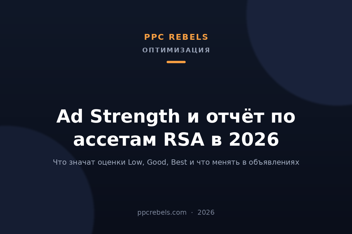 Обложка статьи PPC Rebels 2026 про Ad Strength и отчёт по эффективности ассетов RSA в Google Ads