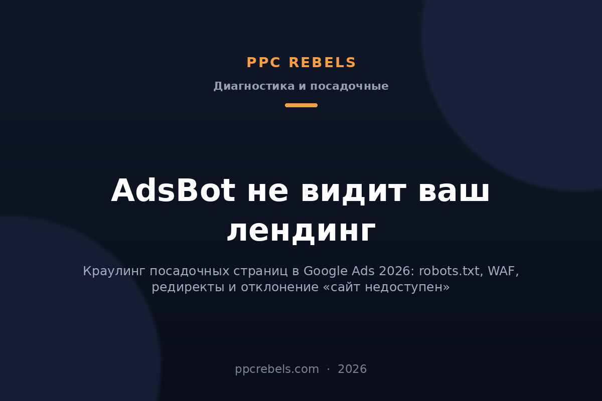 Обложка статьи PPC Rebels о краулере AdsBot и доступности посадочных страниц в Google Ads 2026