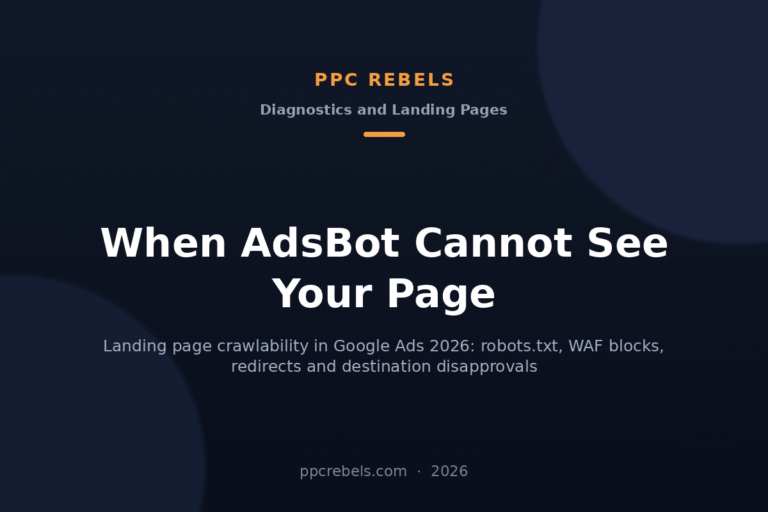 PPC Rebels article cover about the AdsBot crawler and landing page accessibility in Google Ads 2026