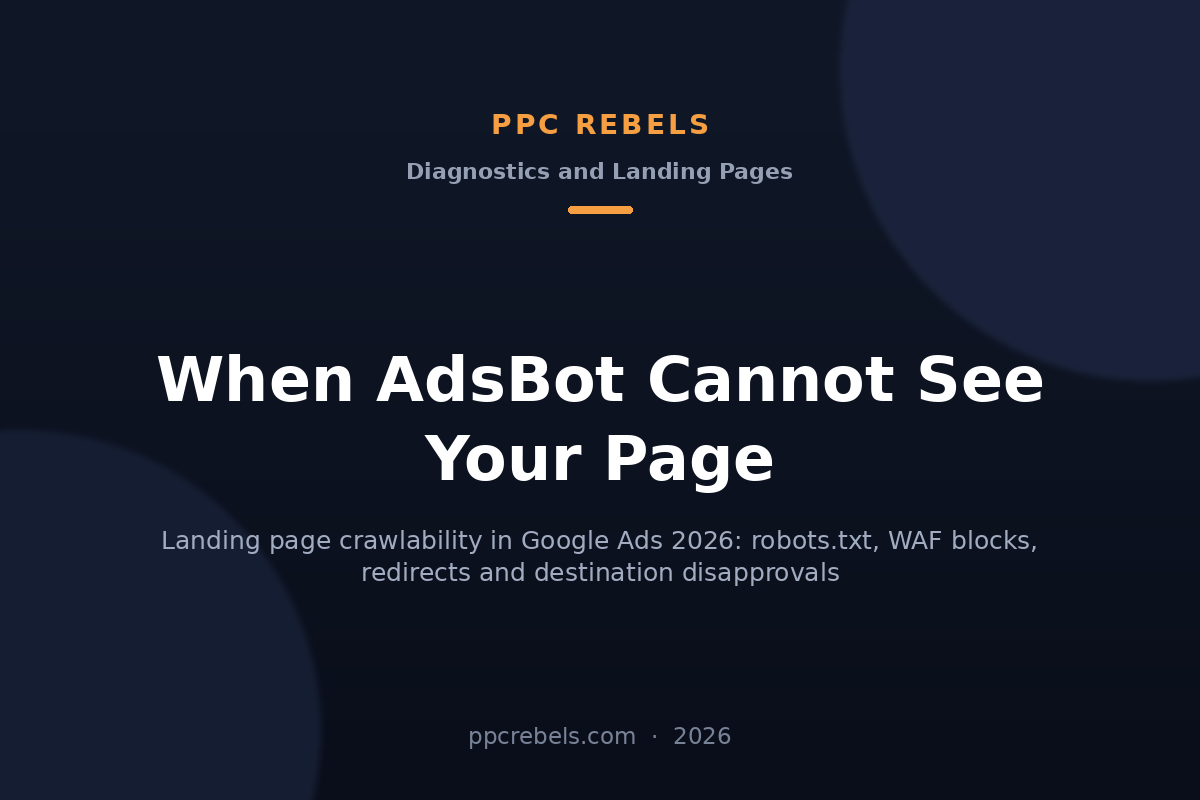 PPC Rebels article cover about the AdsBot crawler and landing page accessibility in Google Ads 2026