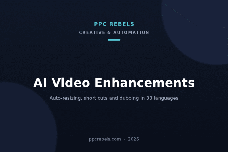 PPC Rebels article cover about AI video enhancements in Google Ads 2026: auto-resizing and dubbing