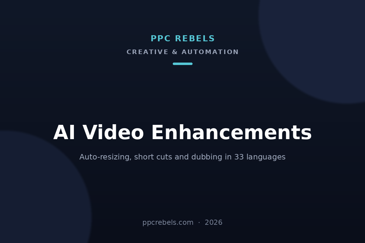 PPC Rebels article cover about AI video enhancements in Google Ads 2026: auto-resizing and dubbing